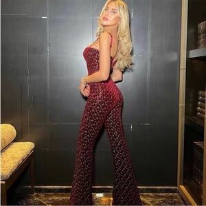 NADINE MERABI Hailey Sequin Burgundy Flare Jumpsuit